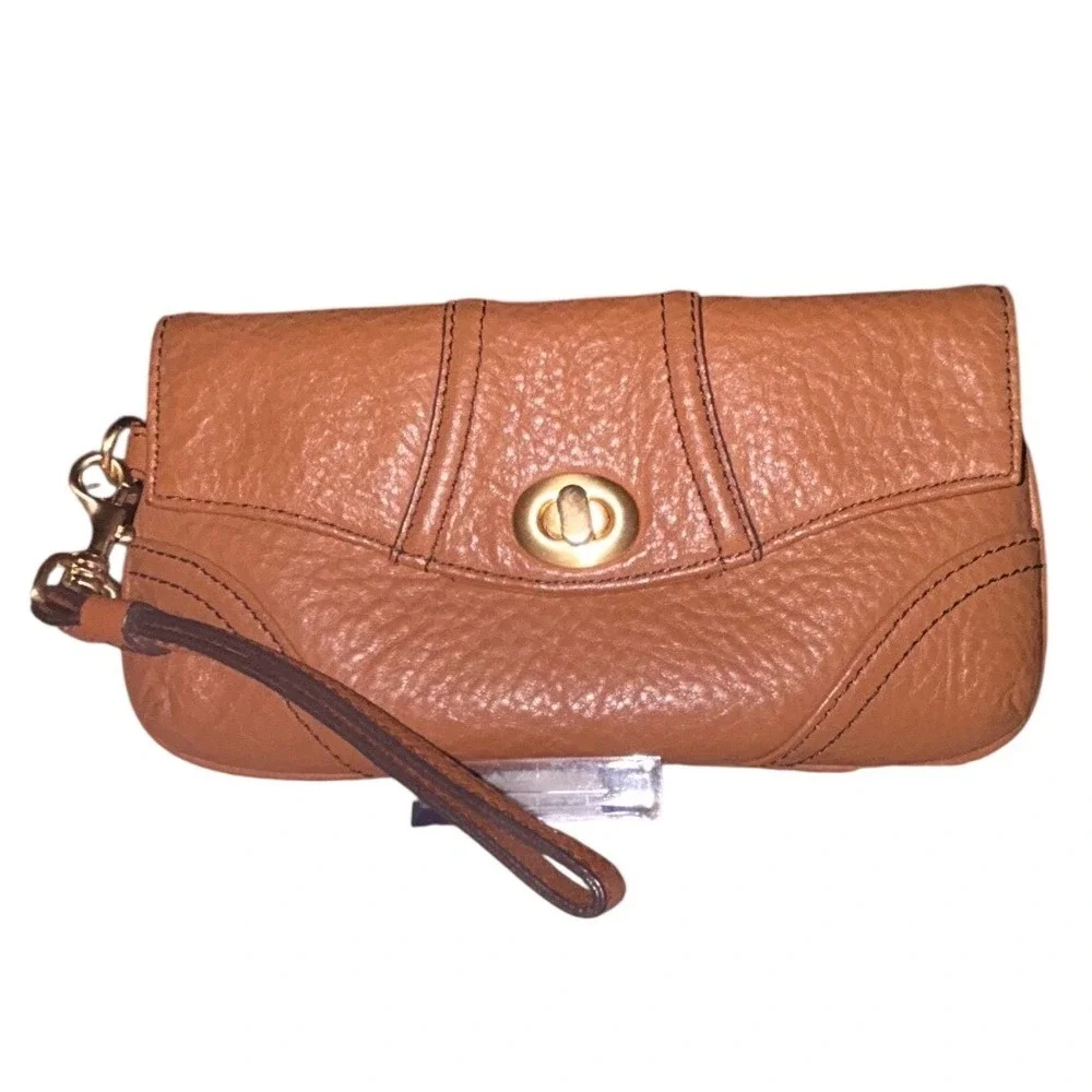 Talbots Pebbled Leather Turnlock Wristlet‎ Tan Brown Gold Hardware Clutch Bag